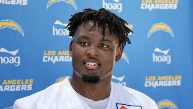 May 13, 2022; Costa Mesa CA, USA; Los Angeles Chargers guard Zion Johnson (77) at a press conference during rookie minicamp at the Hoag Performance Center. Mandatory Credit: Kirby Lee-USA TODAY Sports